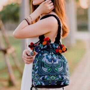 Embroidered pom pom Blue and Green Tote Bag